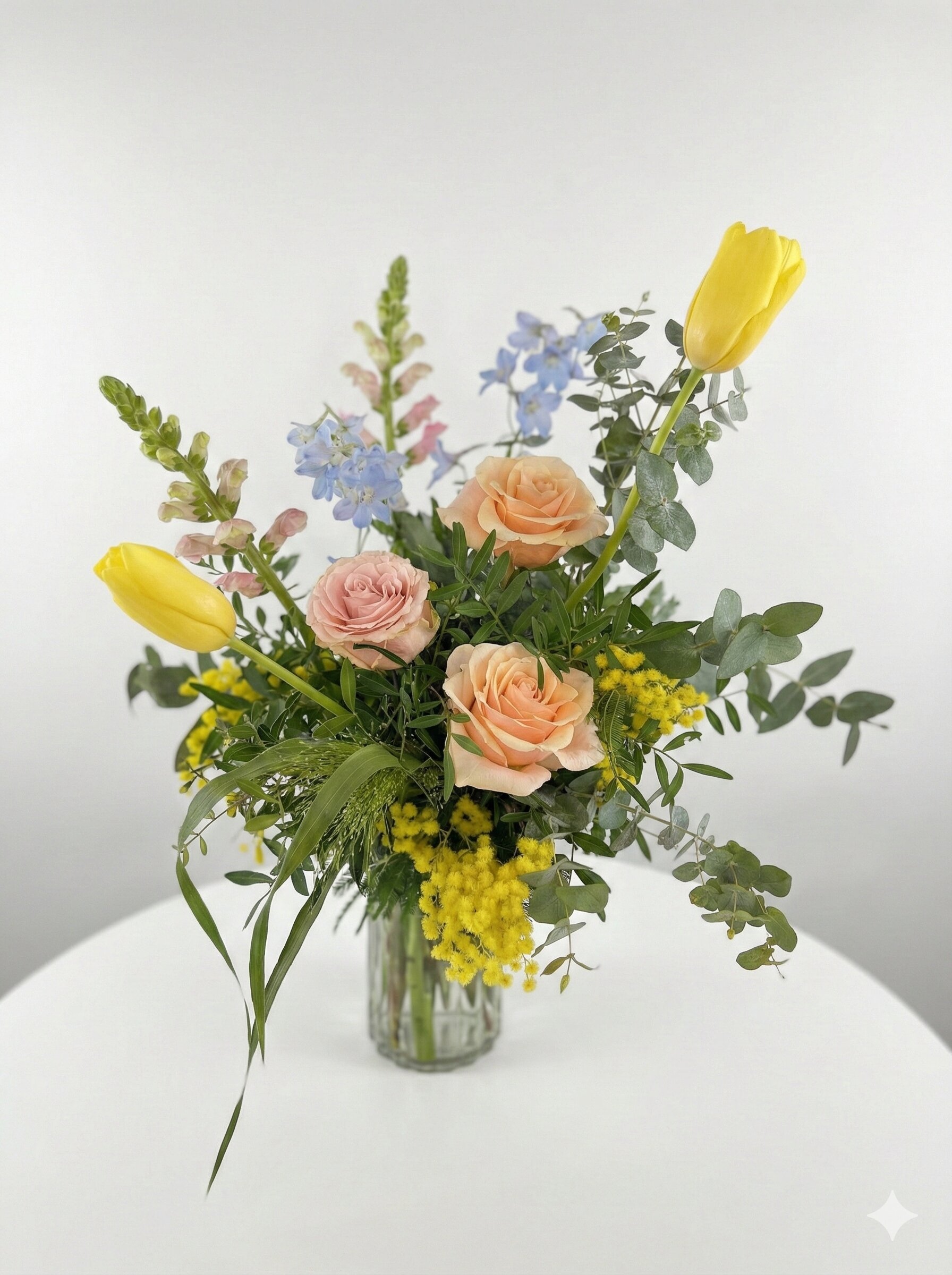 Sherbet Dip bouquet - spring-inspired mix of powder blues, candy pinks and lemon zest