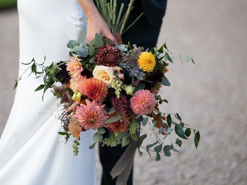Close-up of Ellie’s autumn bridal bouquet at Delbury Hall