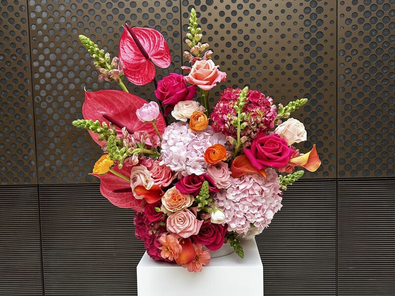 Charlotte and Kane’s contemporary wedding flowers at Hackney Town Hall Charlotte and Kane's vibrant pink and coral wedding flowers at Hackney Town Hall