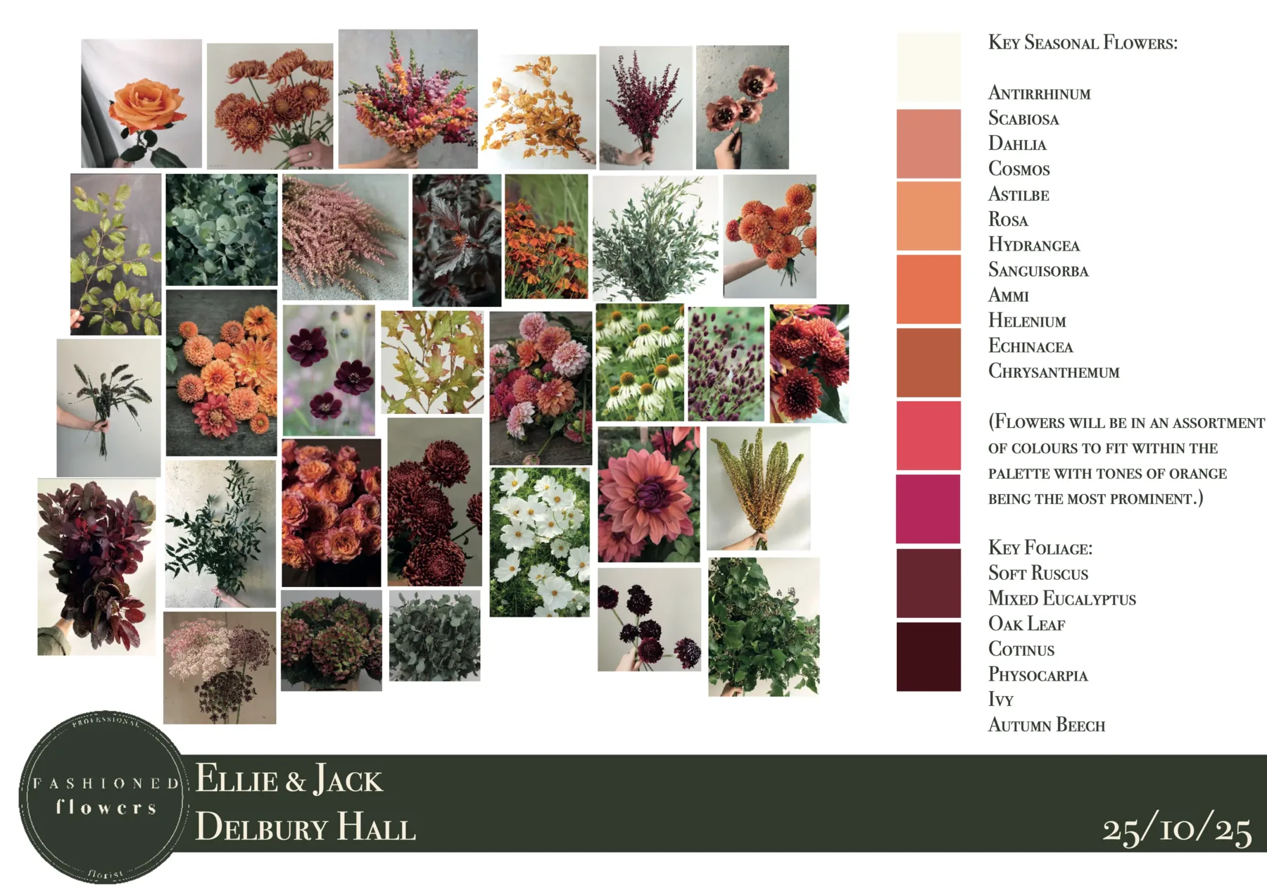 Autumn wedding flower mood board with orange, pink and burgundy seasonal flowers