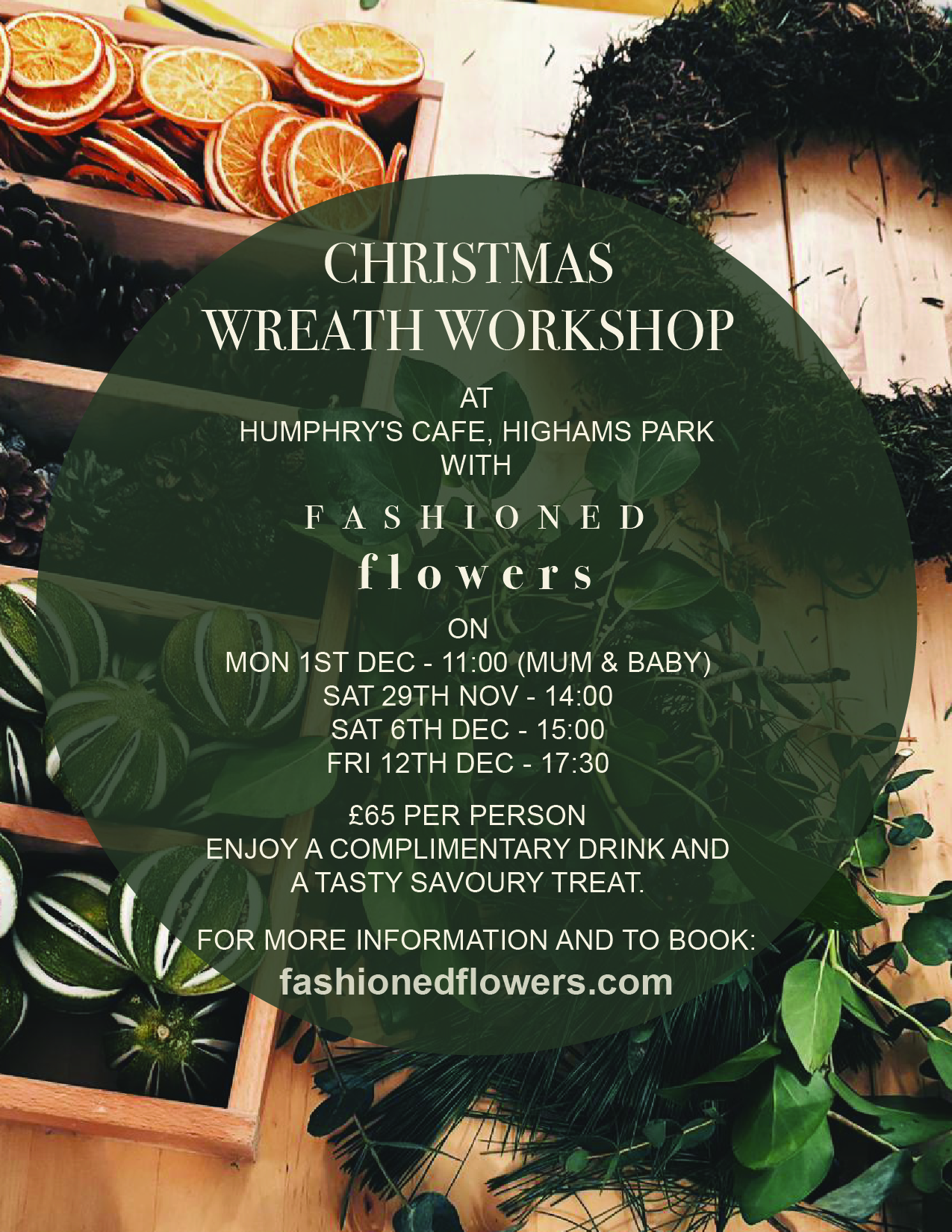 Poster for the 2025 Christmas wreath workshops at Humphry’s Café